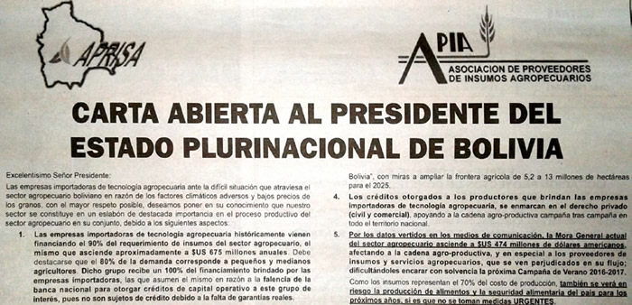 Carta abierta al Presidente del Estado Plurinacional de Bolivia