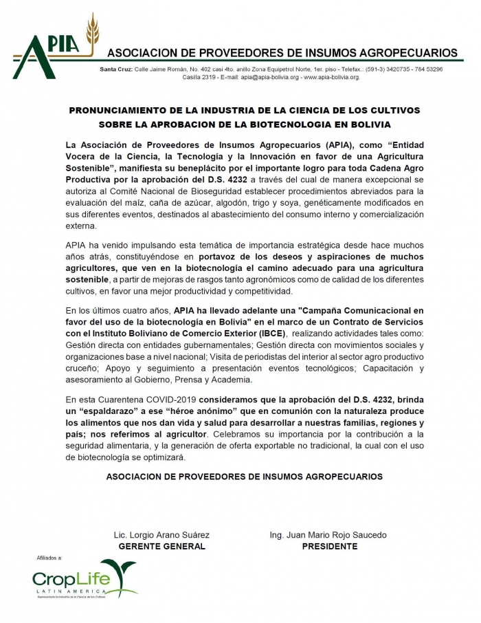 Pronunciamiento de la industria de la ciencia de los cultivos sobre la aprobación de la biotecnología en Bolivia