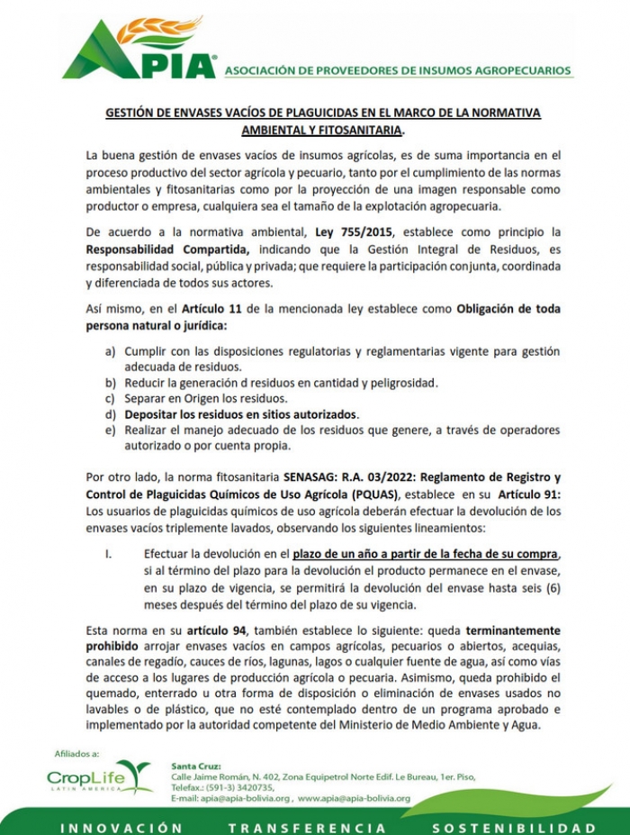 Gestión de envaces vacios de plaguicidas en el marco de la normativa ambiental y fitosanitaria